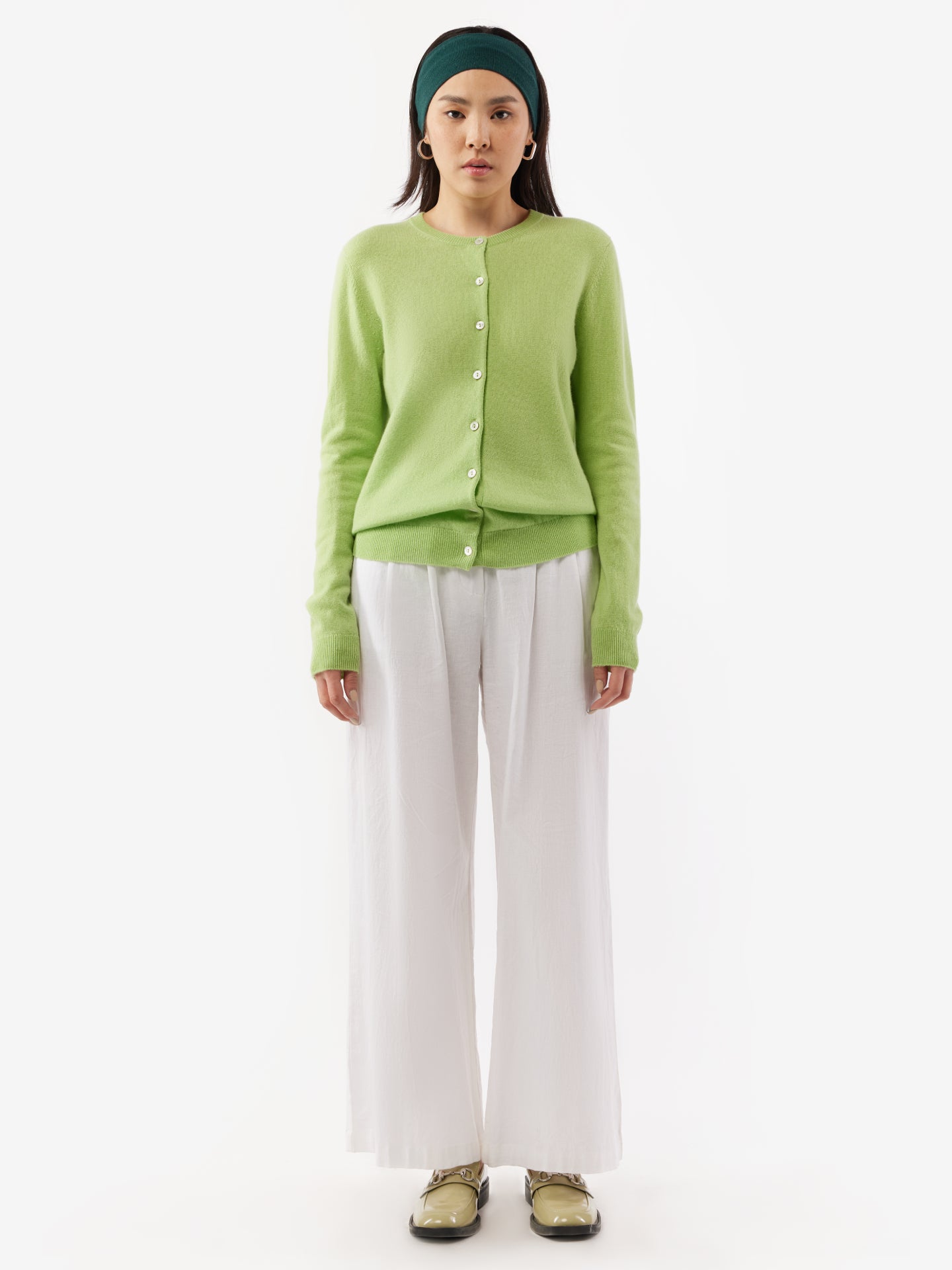 Women's Cashmere Crew Neck Cardigan Jade Lime - Gobi Cashmere