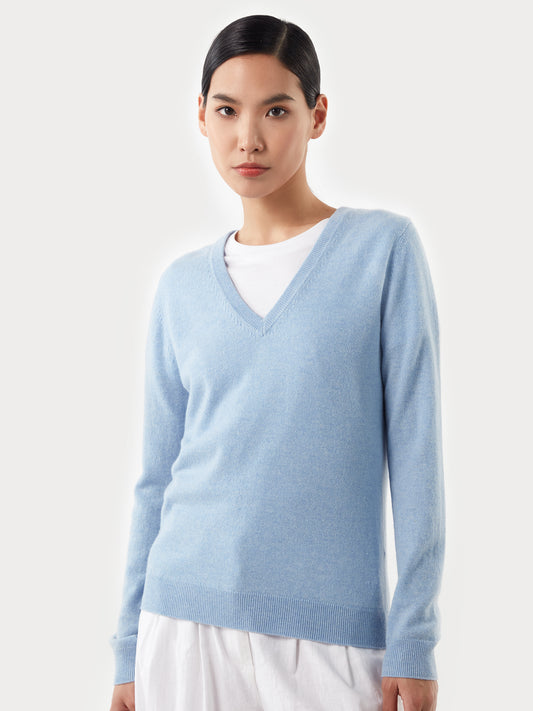 Women's Cashmere Basic V-Neck Sweater Light Blue - Gobi Cashmere