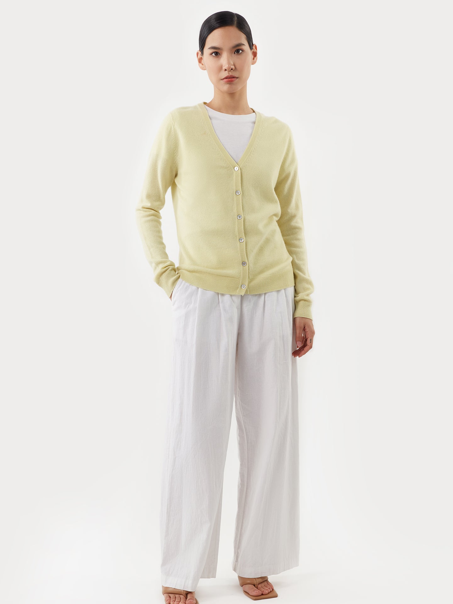 Women's Cashmere V-neck Cardigan Tender Yellow - Gobi Cashmere