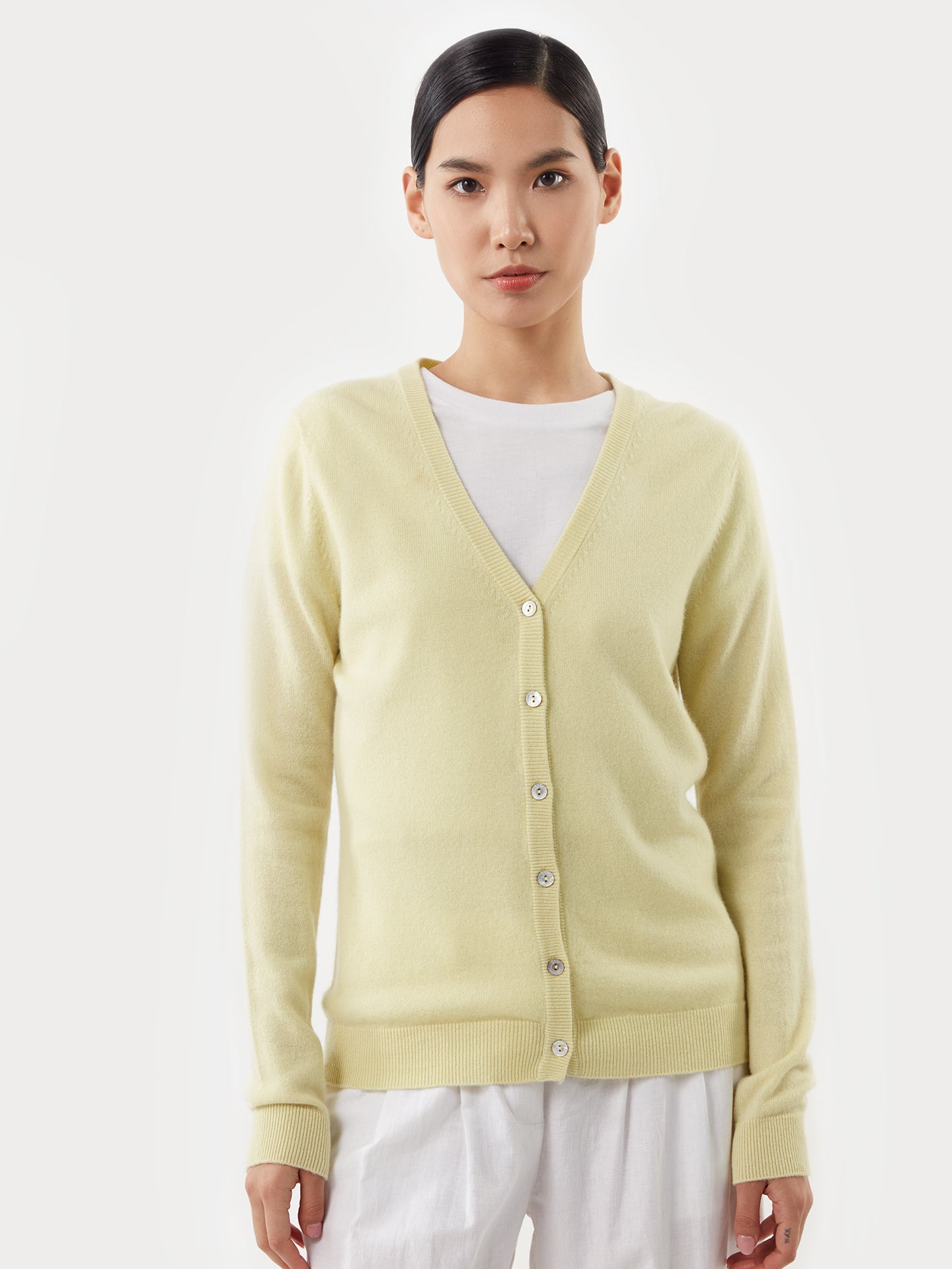 Women's Cashmere V-neck Cardigan Tender Yellow - Gobi Cashmere