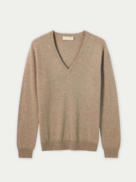 Women's Cashmere V-Neck Sweater Taupe- Gobi Cashmere