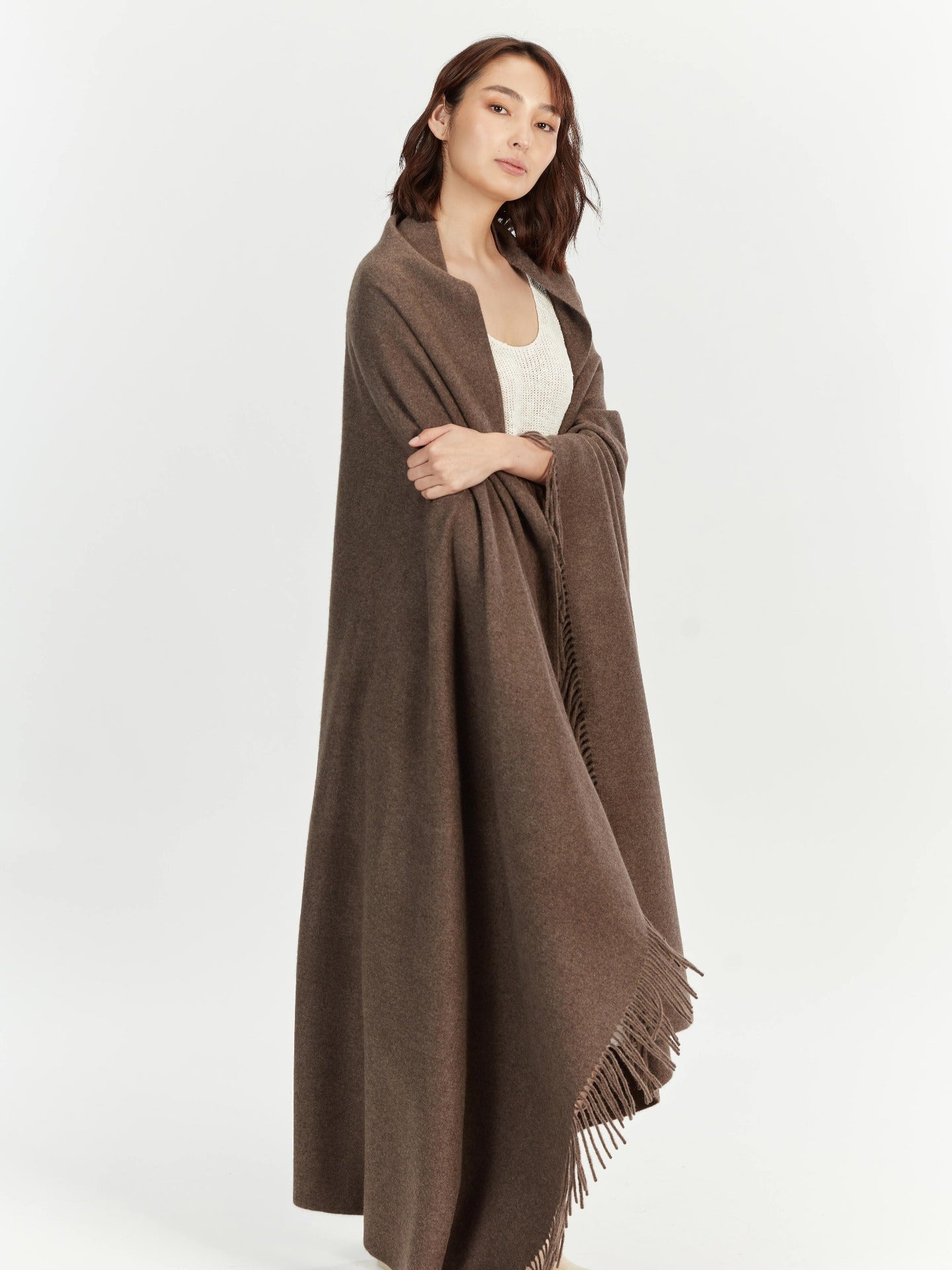 Cashmere Large Blanket With Fringe Cocoa - Gobi Cashmere