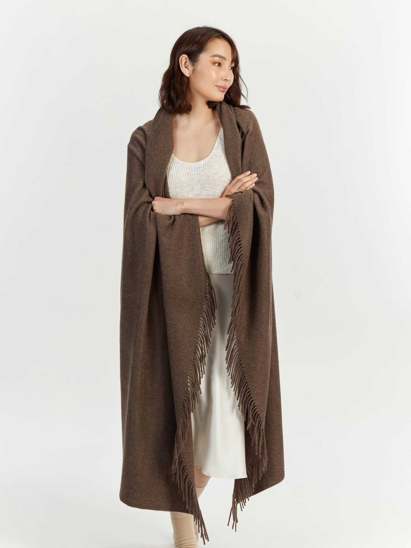 Cashmere Large Blanket With Fringe Cocoa - Gobi Cashmere