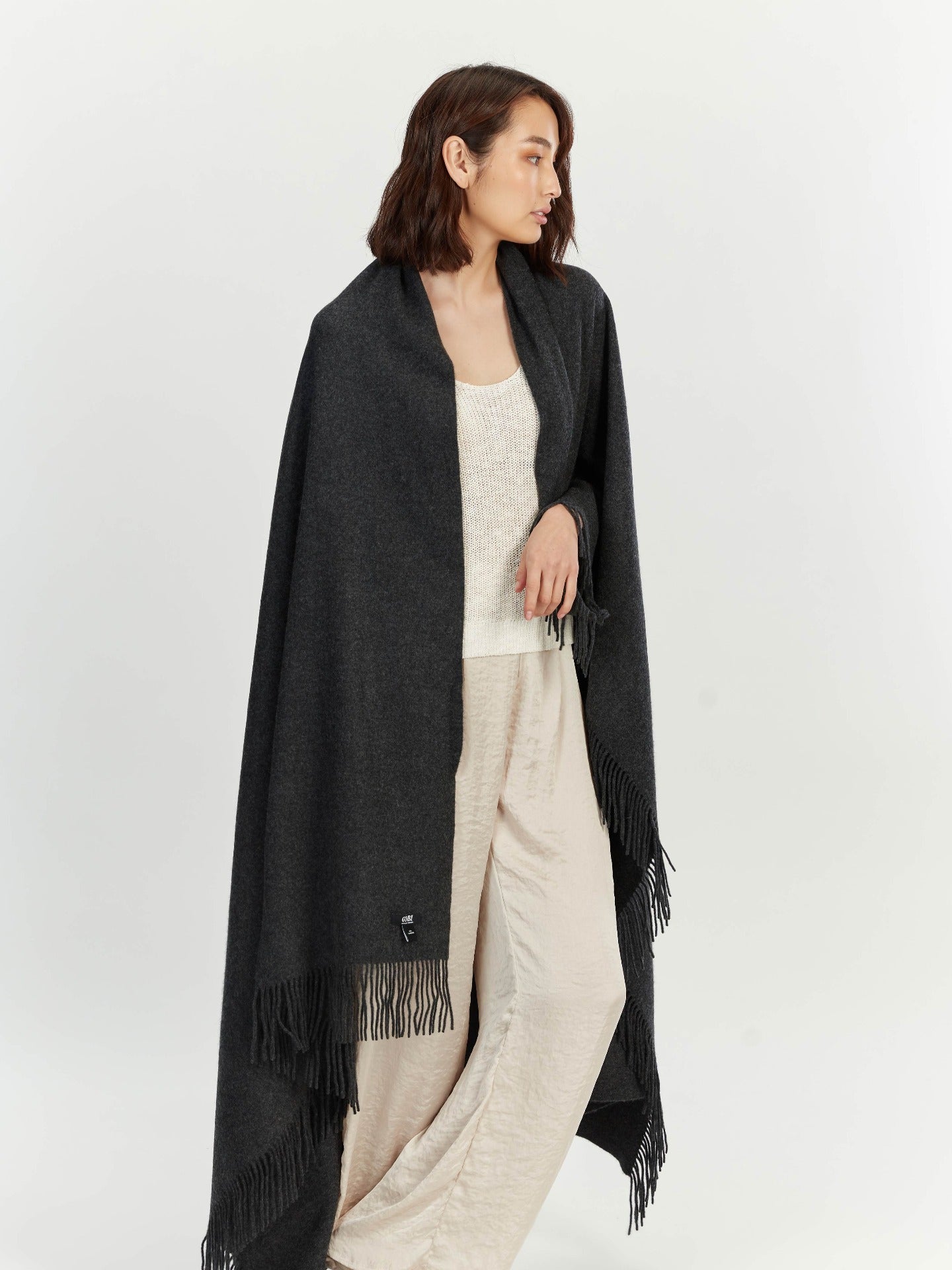 Cashmere Large Blanket With Fringe Charcoal - Gobi Cashmere