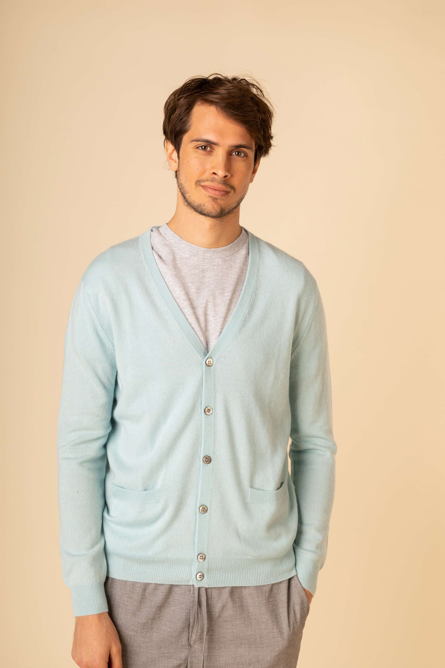 Men's Cashmere V-neck Button Cardigan Blue Glass - Gobi Cashmere