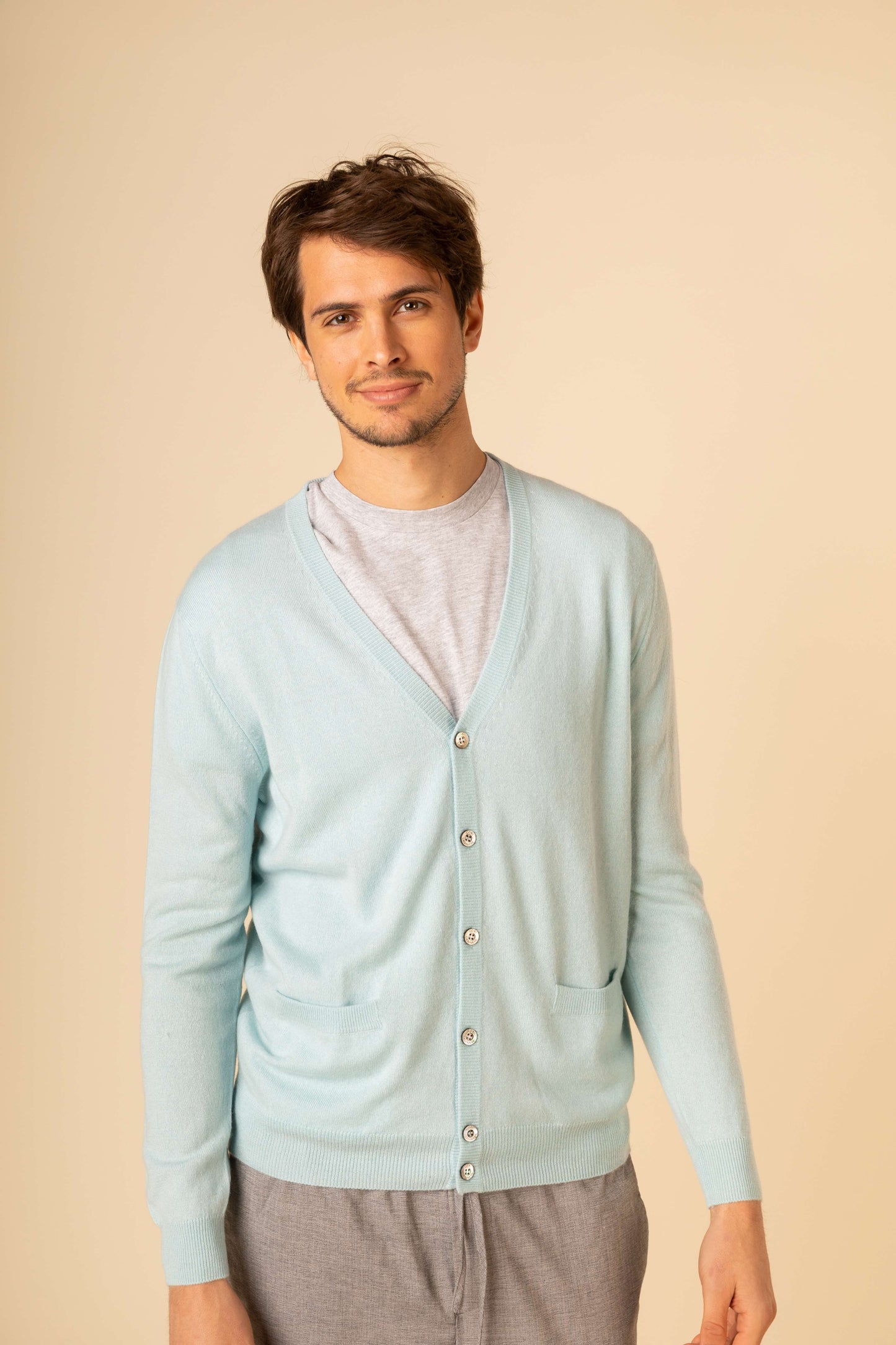 Men's Cashmere V-neck Button Cardigan Blue Glass - Gobi Cashmere