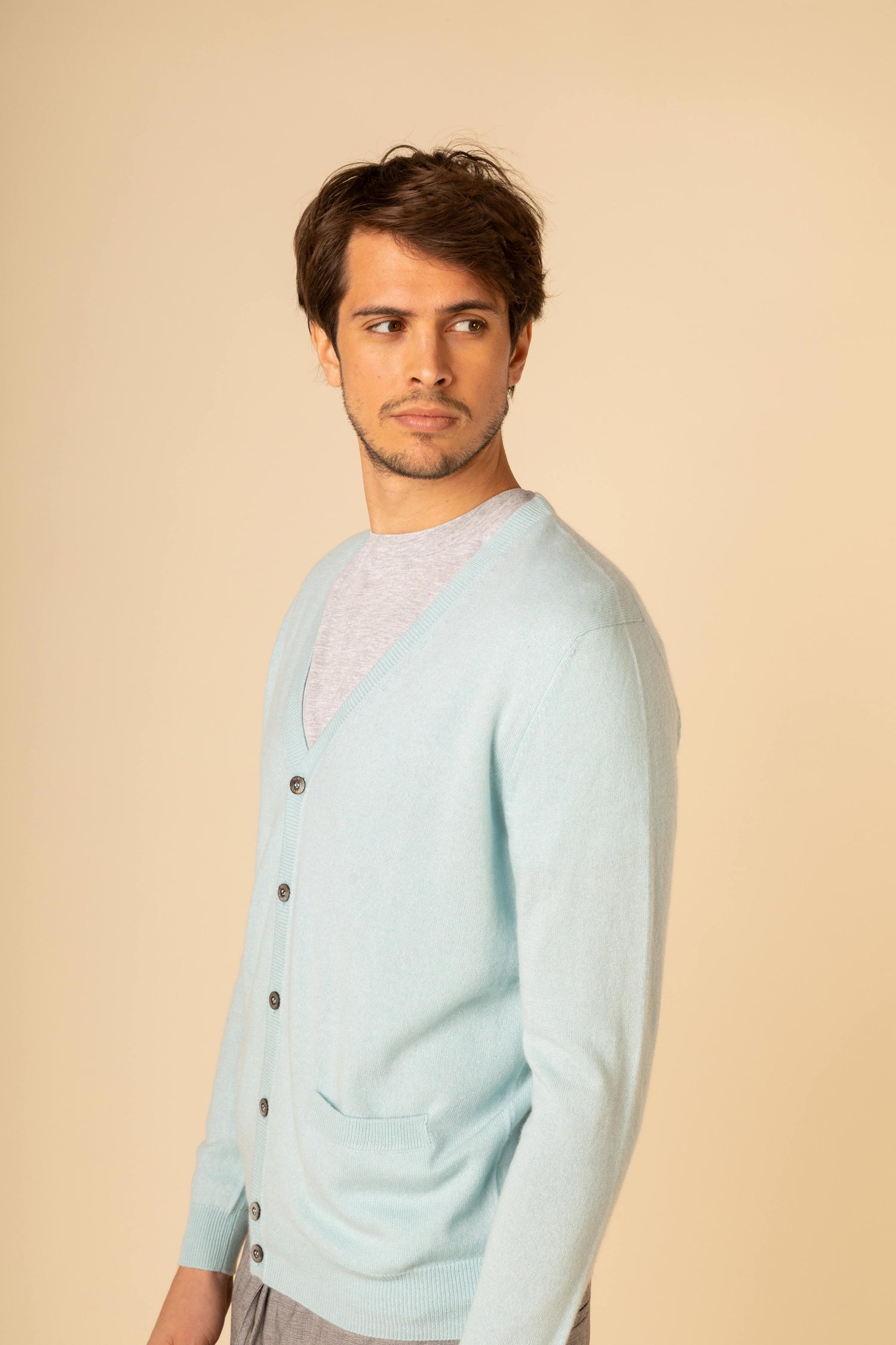 Men's Cashmere V-neck Button Cardigan Blue Glass - Gobi Cashmere