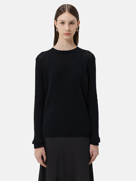 Women's Ajour-Knit Cashmere Crewneck Sweater Black - Gobi Cashmere