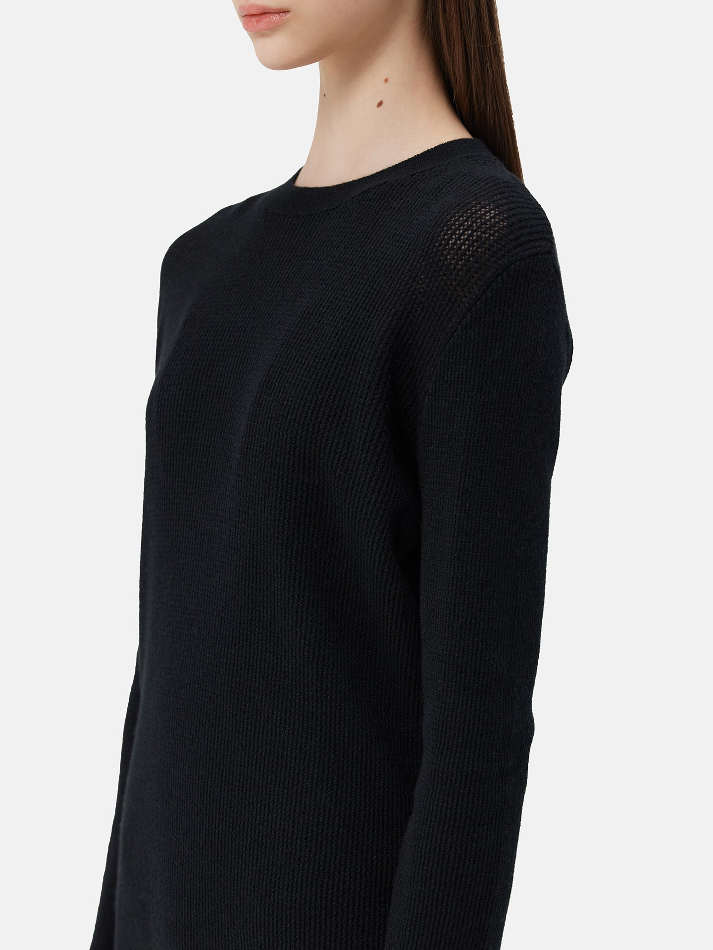 Women's Ajour-Knit Cashmere Crewneck Sweater Black - Gobi Cashmere