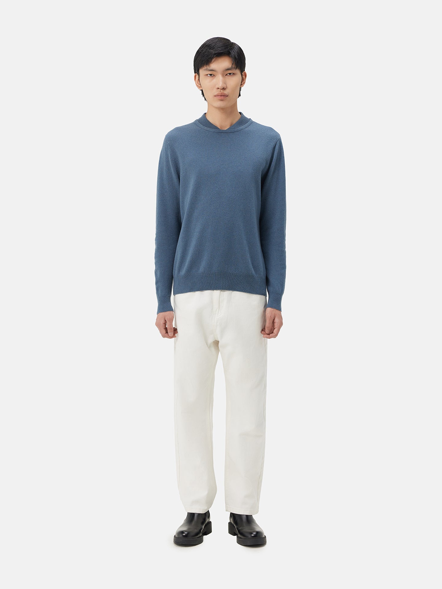 Men's Double-Neckline Cashmere Sweater China Blue - Gobi Cashmere