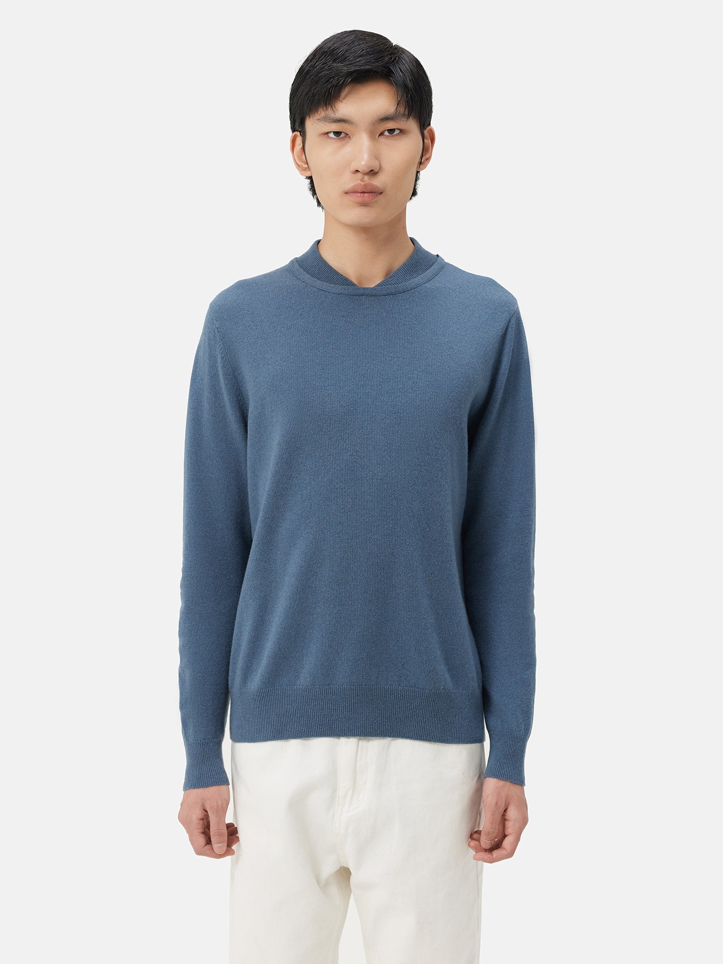 Men's Double-Neckline Cashmere Sweater China Blue - Gobi Cashmere